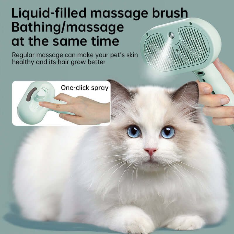 Close-up of white cat with mint SteamGlide pet grooming comb, anti-static steam brushing