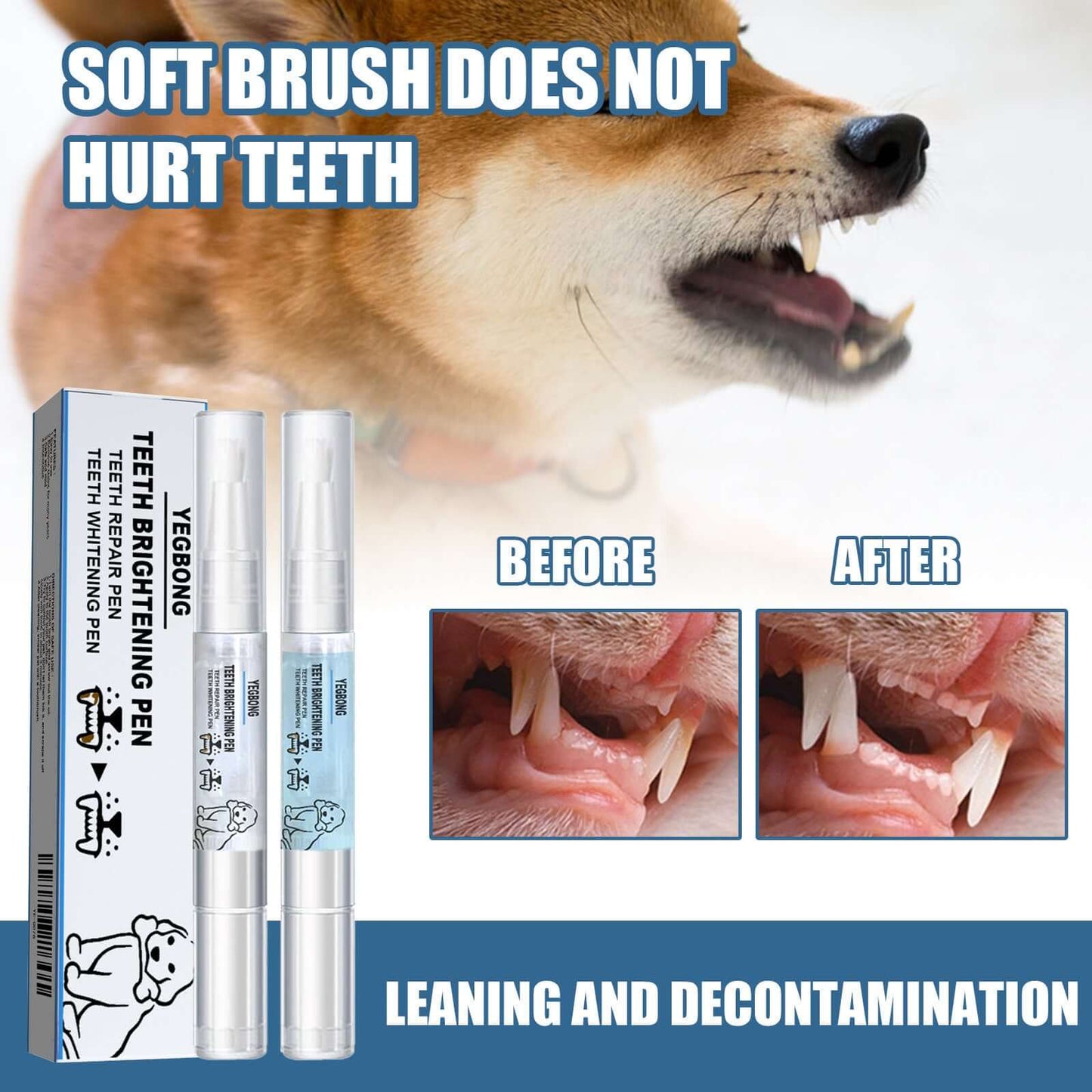 Before and after photo showing dog’s teeth whitening results after using the pet dental pen