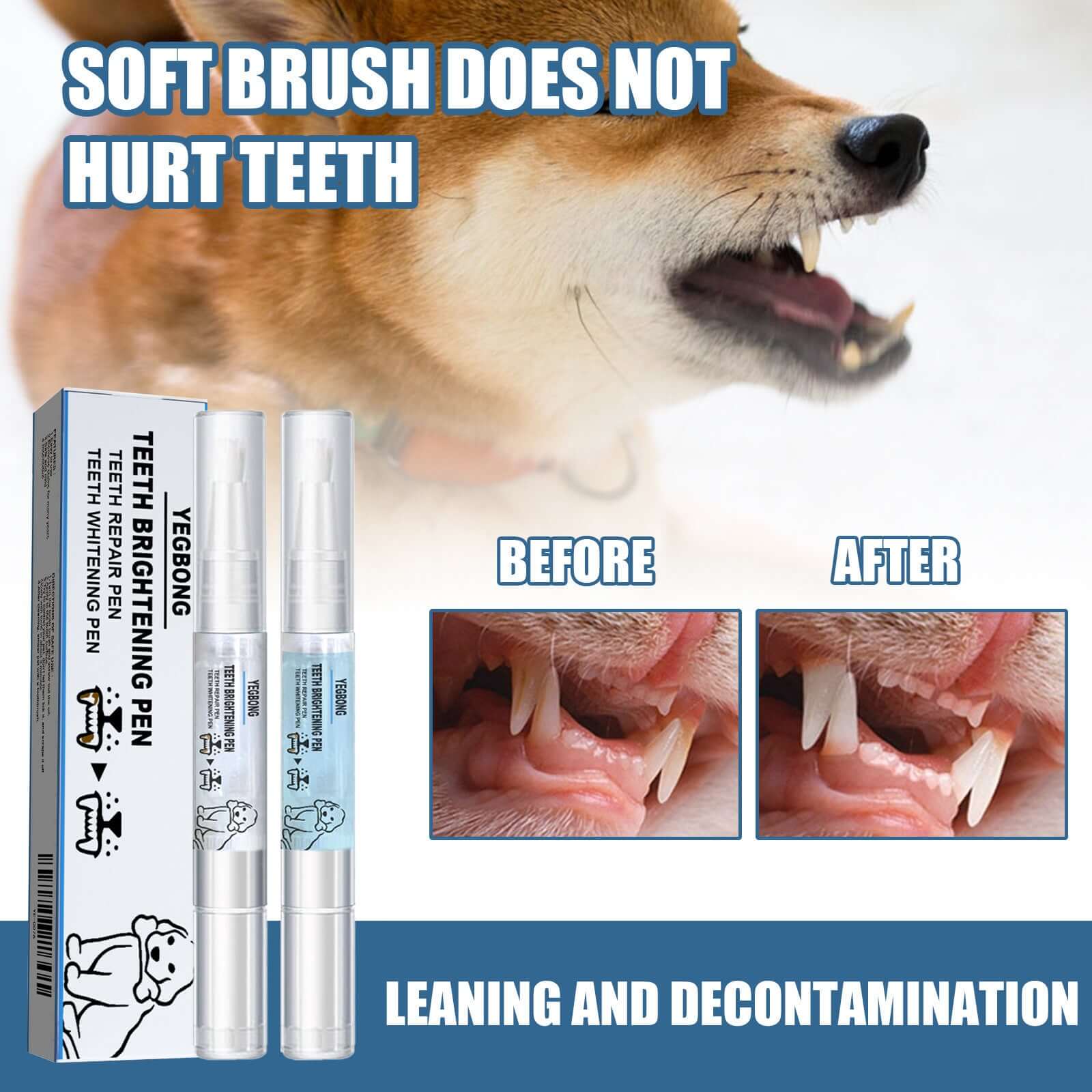 Before and after photo showing dog’s teeth whitening results after using the pet dental pen