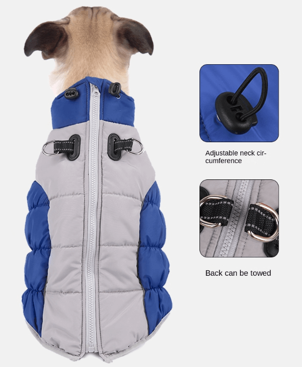 winter dog coat navy blue with built-in harness