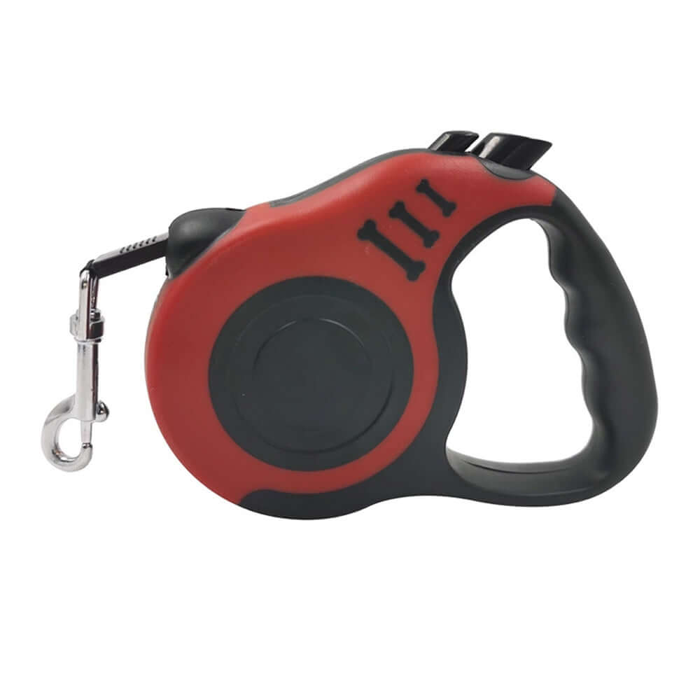 Red retractable leash for dogs with brake and lock system