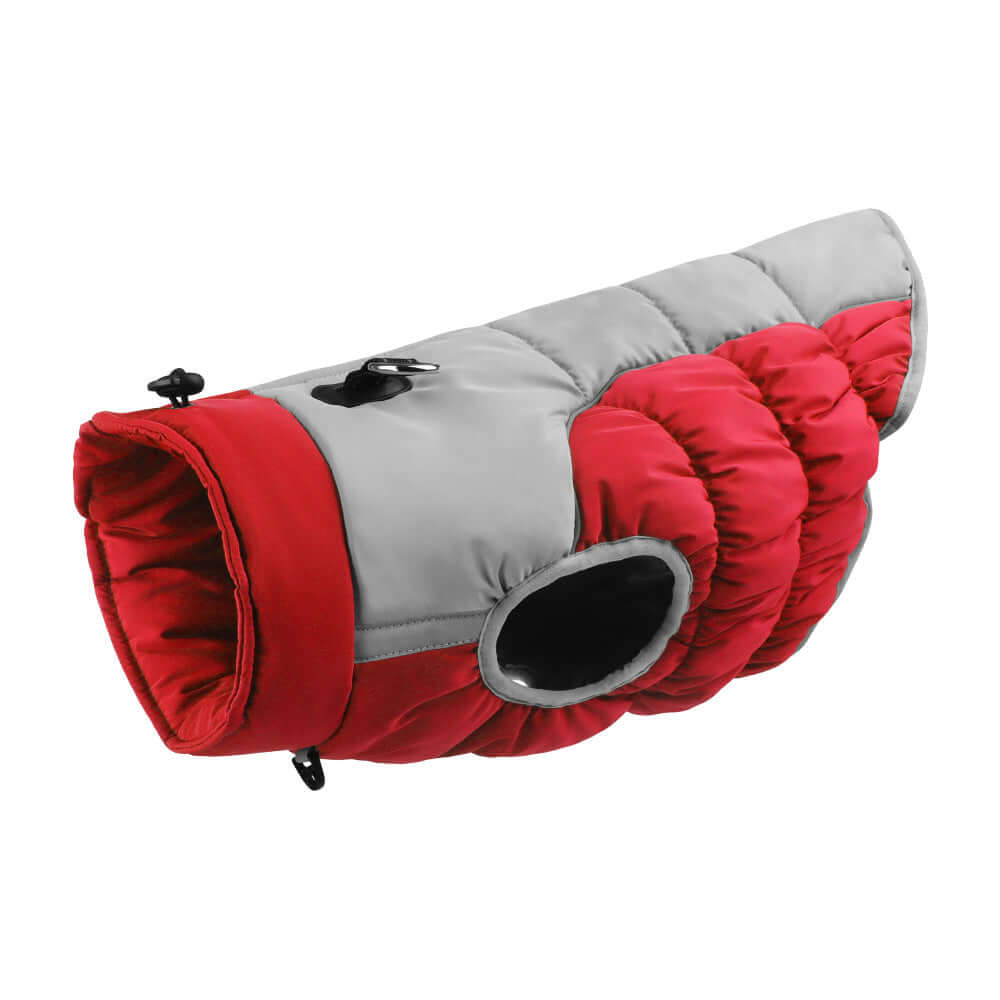 winter dog coat red with built-in harness