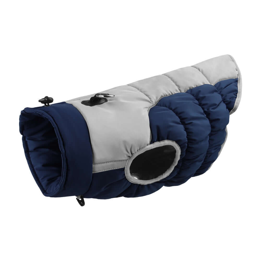 winter dog coat navy blue with built-in harness