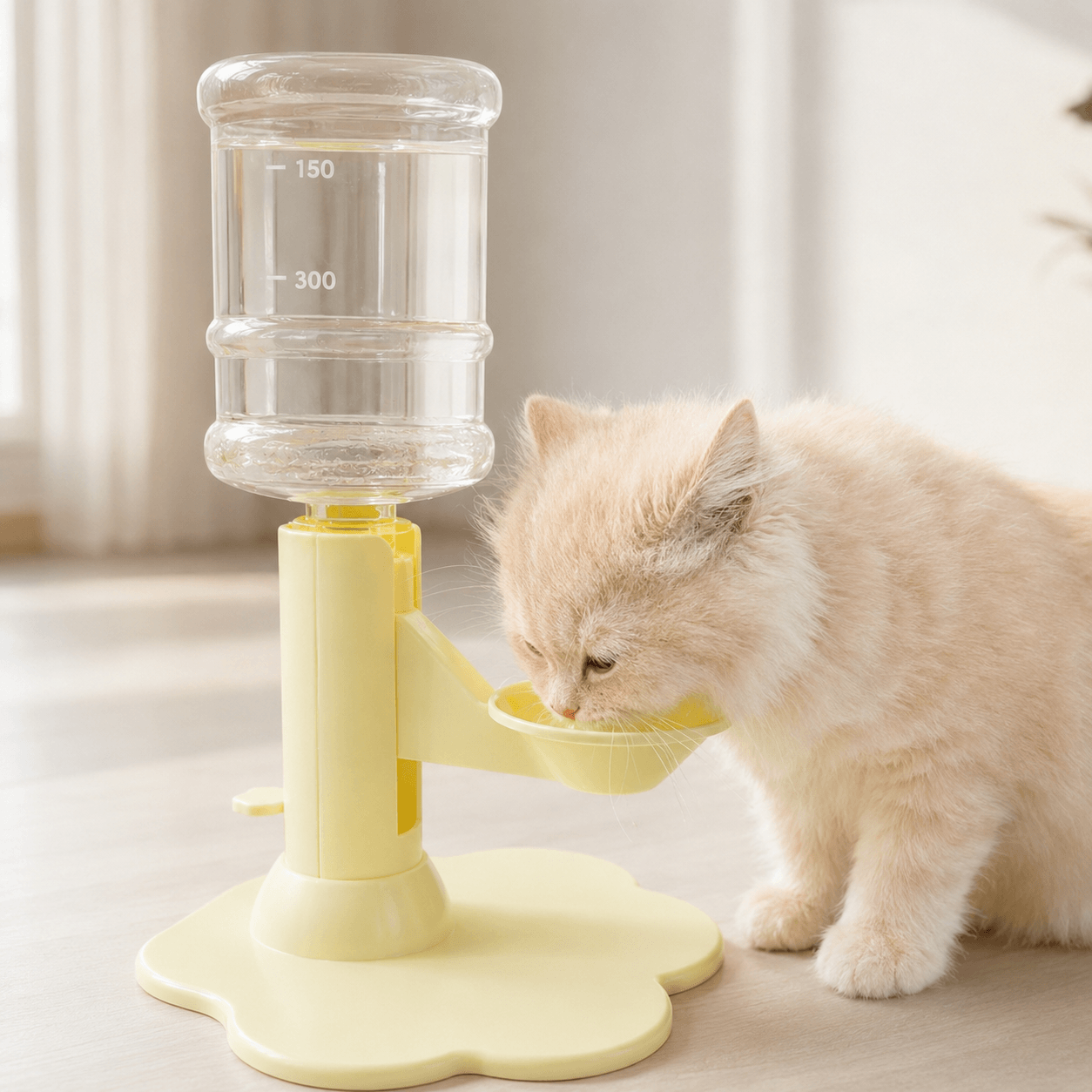 Yellow adjustable cat water dispenser for kittens