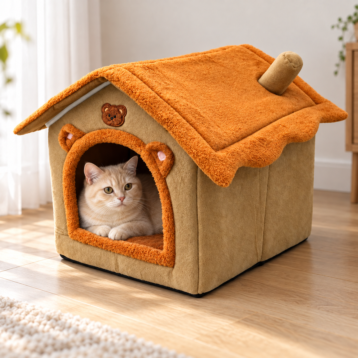 Cat Cave Bed – Cozy House-Style Hideaway with Washable Cover