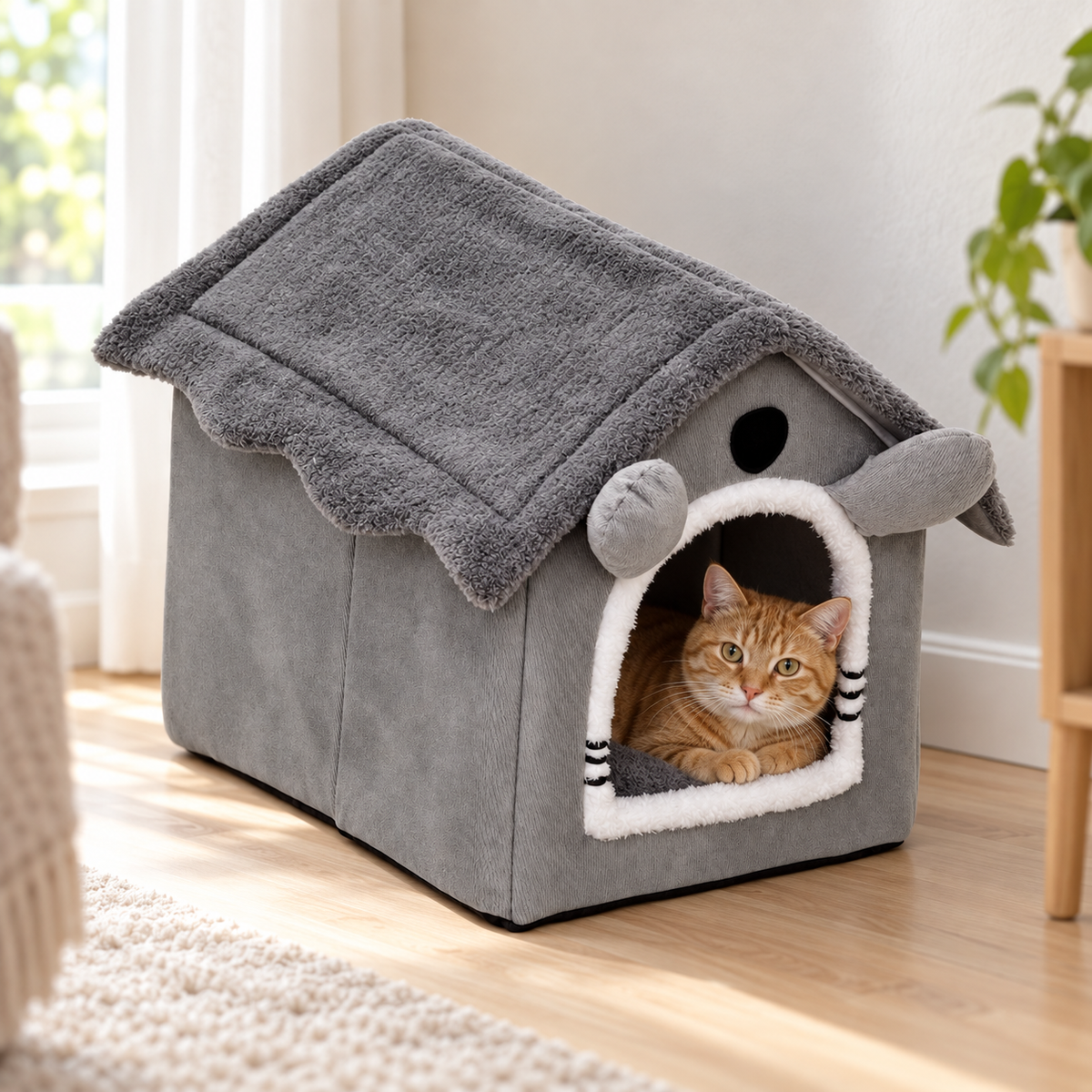 Cat Cave Bed – Cozy House-Style Hideaway with Washable Cover
