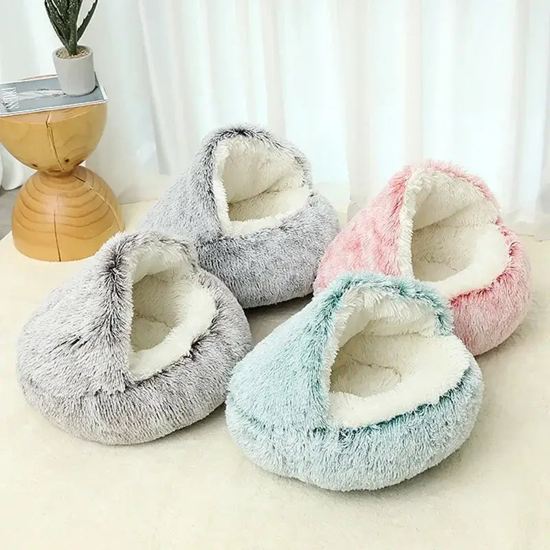 Multiple colors of luxury plush pet nest beds on display
