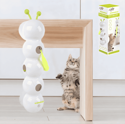 Cat chasing WiggleWorm Smart Interactive Cat Teaser Post in living room