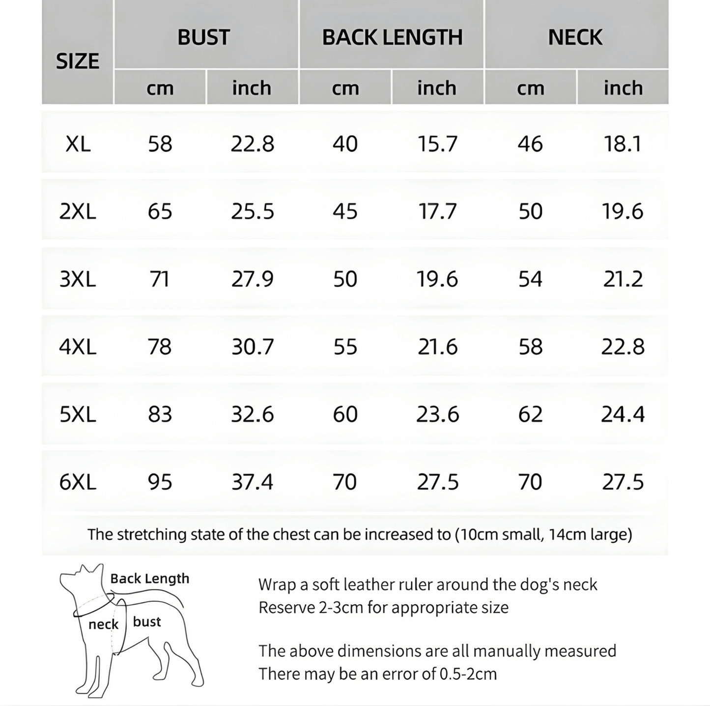 winter dog coat with built-in harness sizing chart
