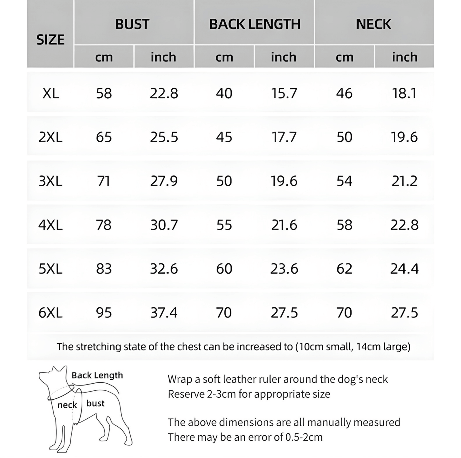winter dog coat with built-in harness sizing chart
