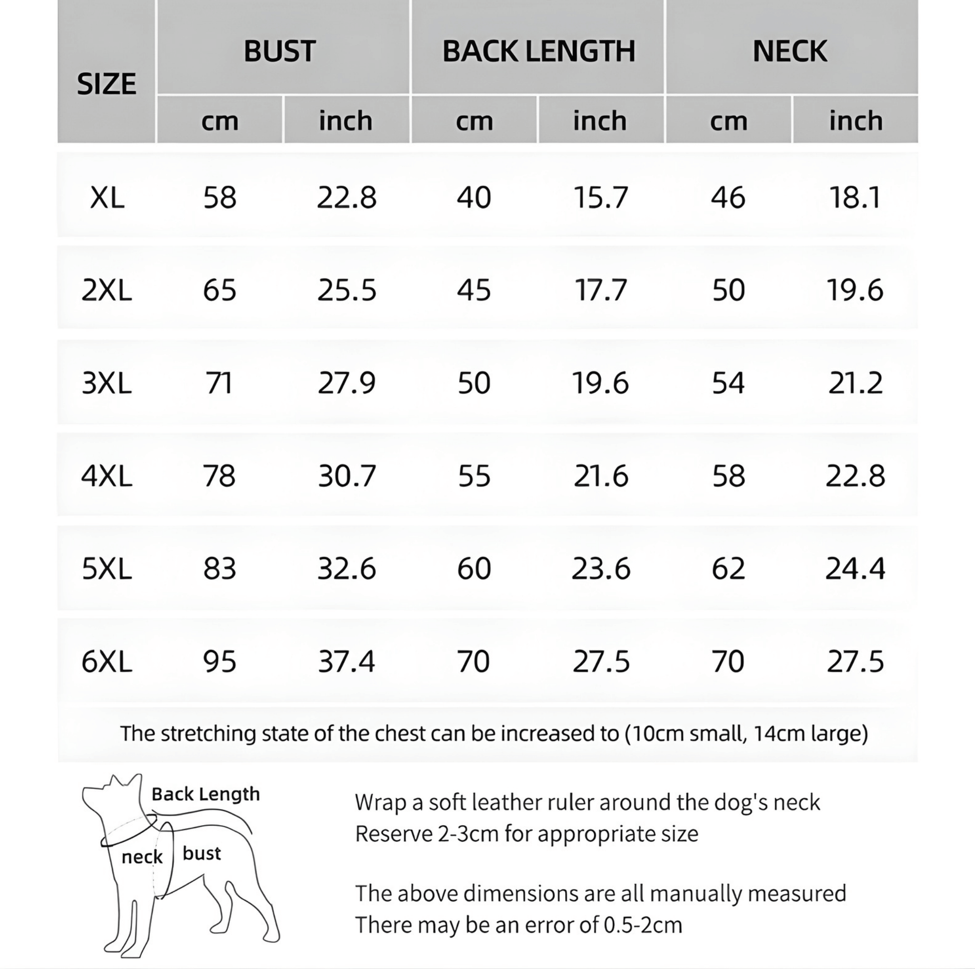 winter dog coat with built-in harness sizing chart