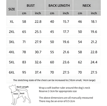 winter dog coat with built-in harness sizing chart