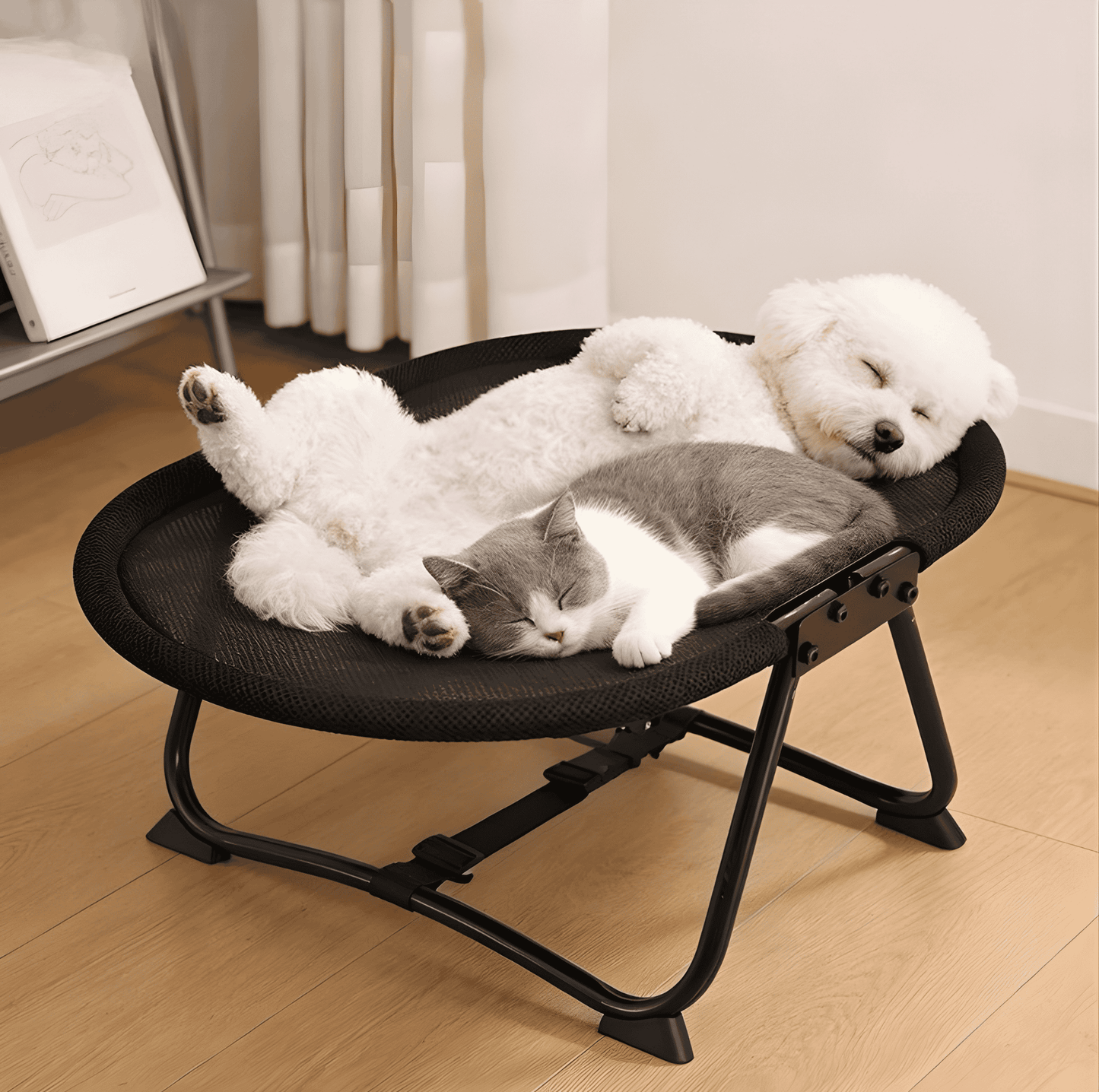 elevated pet bed with cat and dog lounging on cooling mesh cover