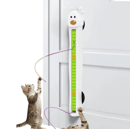 Automatic cat toy for indoor cats mounted on a door for vertical play