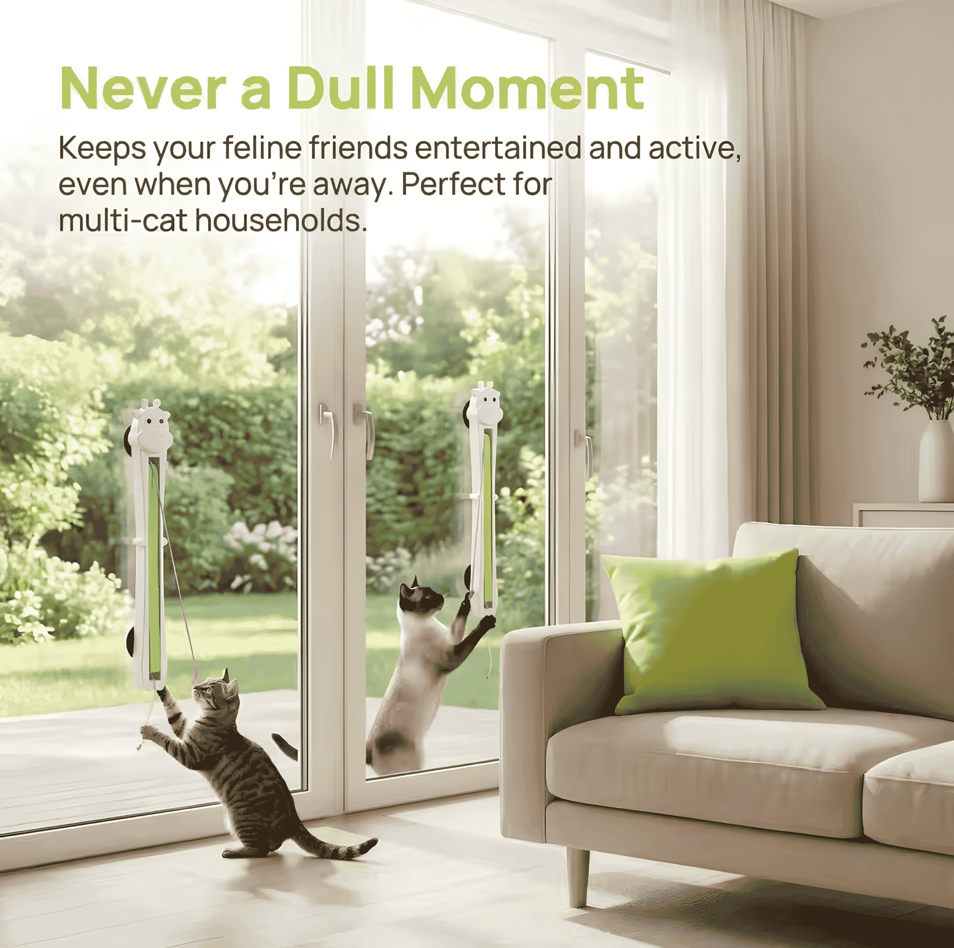 automatic cat toy for indoor cats mounted on a glass door for vertical play
