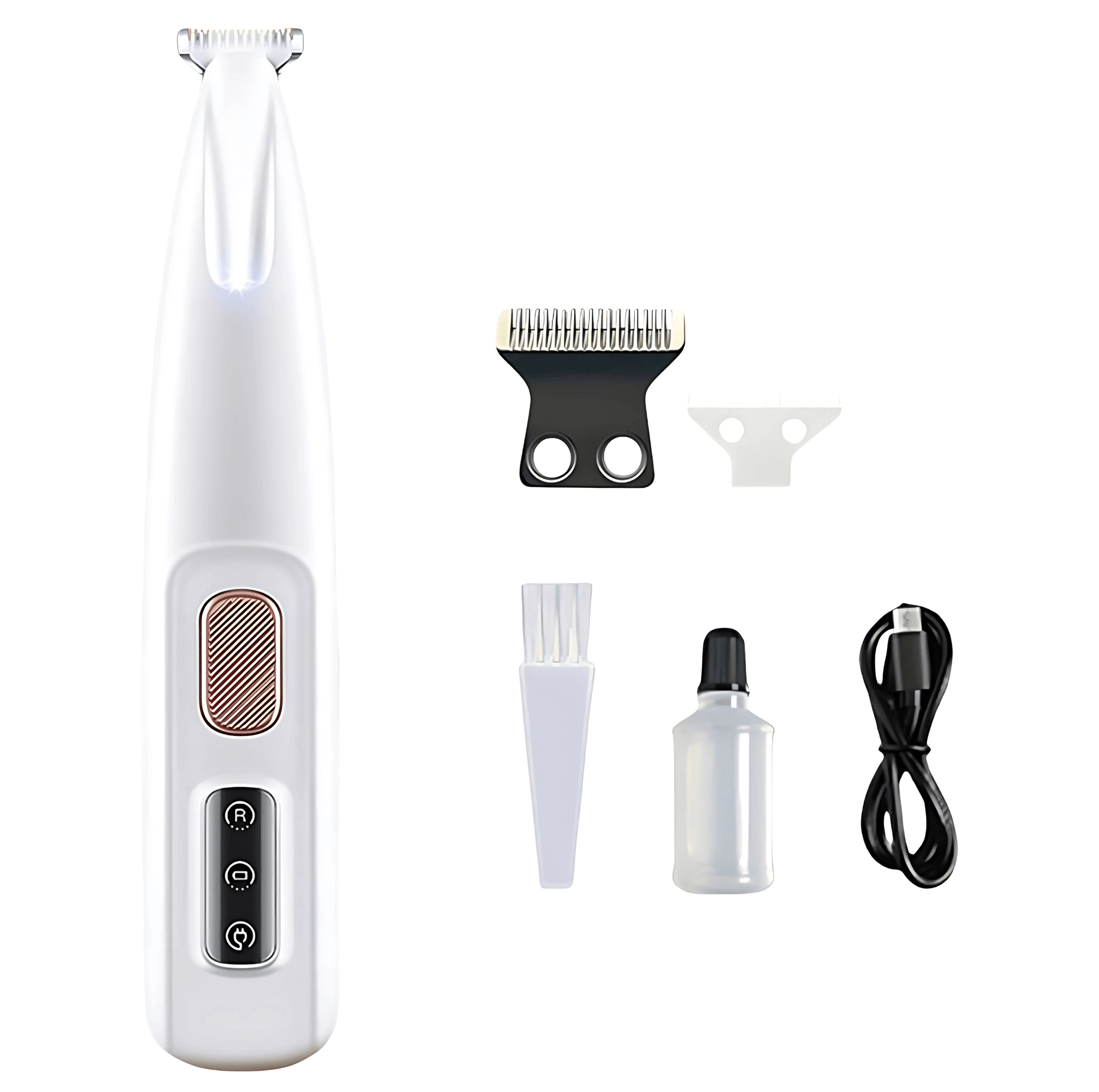 LED cat and dog paw trimmer kit with extra blades, cleaning brush, maintenance oil, and USB charging cable