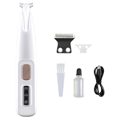 LED cat and dog paw trimmer kit with extra blades, cleaning brush, maintenance oil, and USB charging cable
