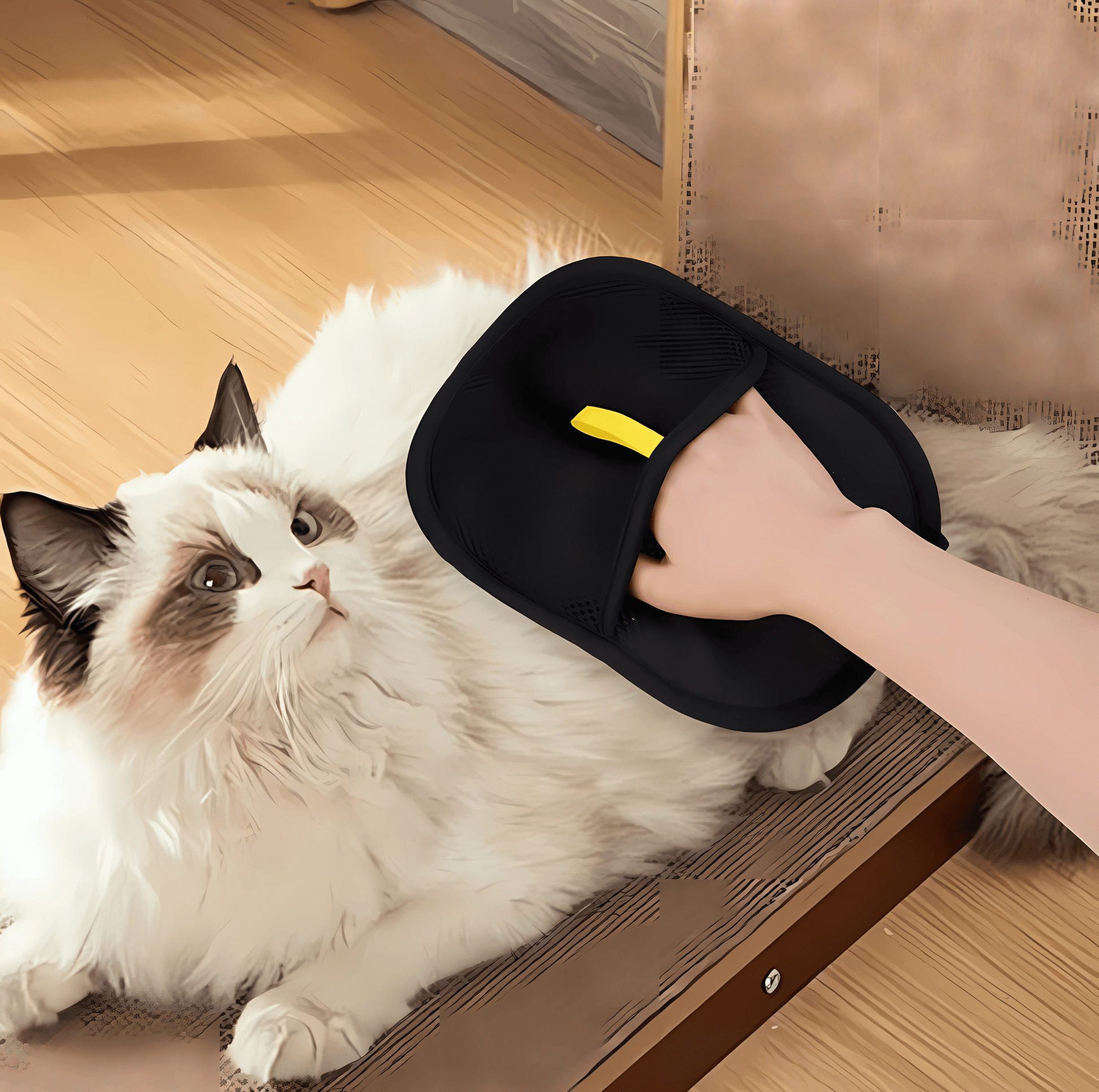 Using PawGlide to clean fur from lounging cat area