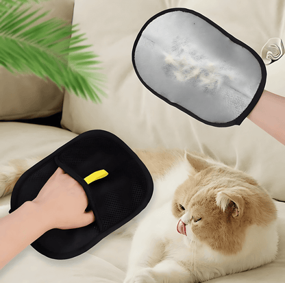 Flat lay of PawGlide glove with grooming tools for pet hair removal