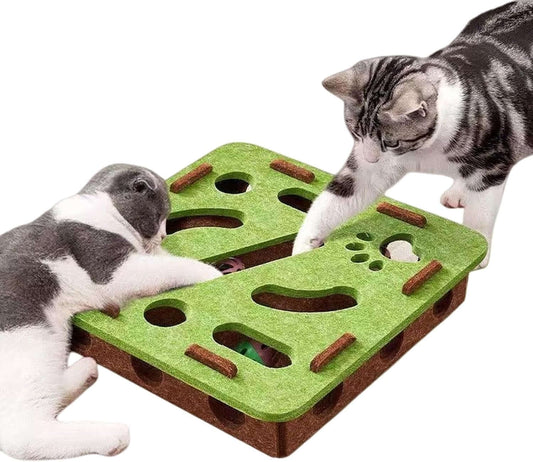 Cat puzzle maze toy for indoor cats with green felt design