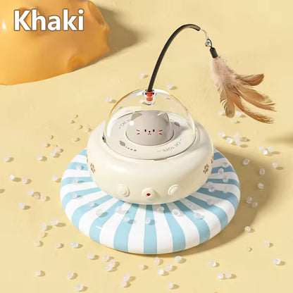 Khaki PawChase interactive cat teaser toy with moving UFO base